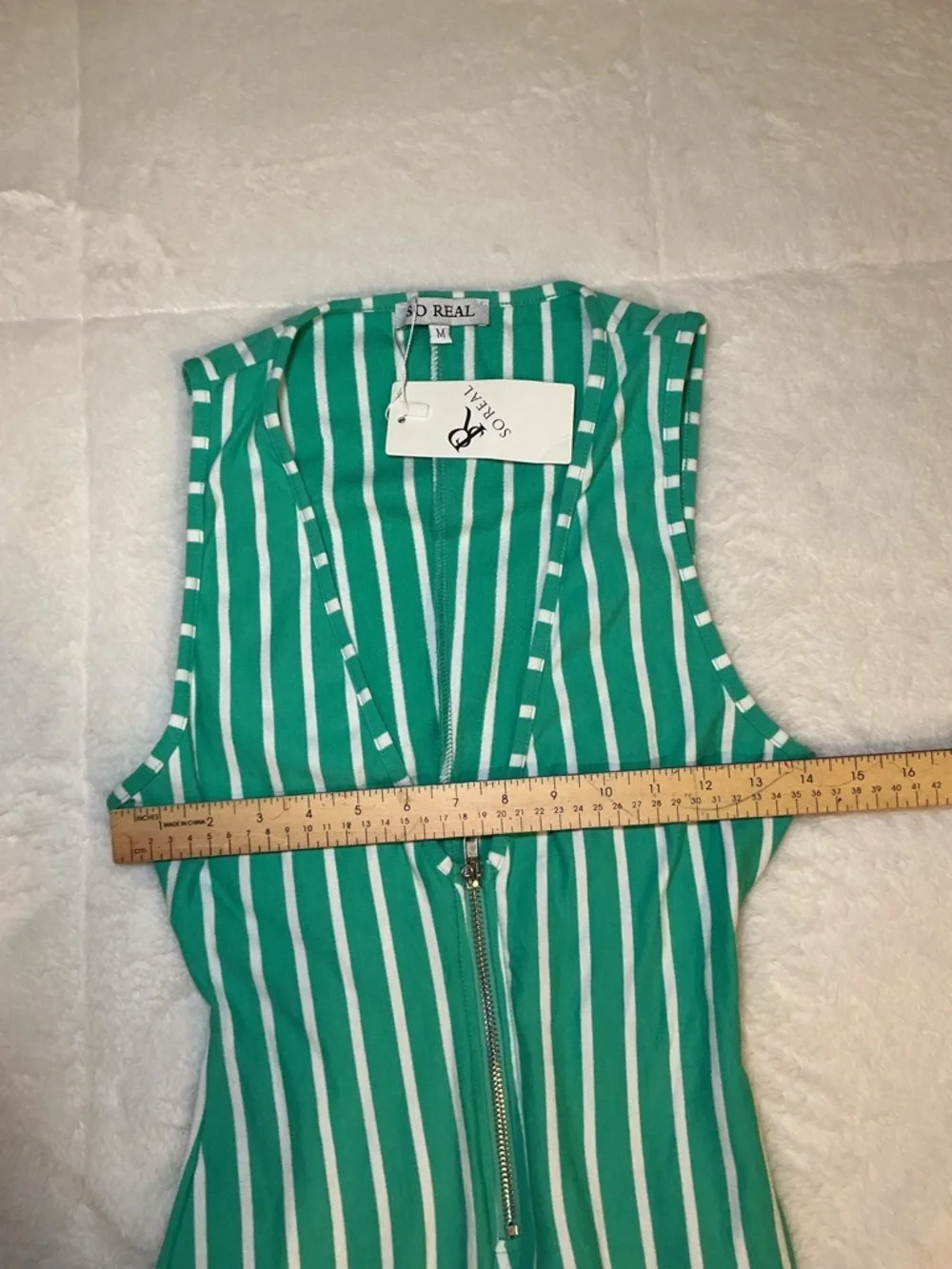 Green & White Striped Sleeveless Romper with Front Zip - Picture 6 of 8